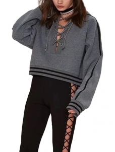 Grey S-XL Lace Up Front Sweatershit & Hoodies